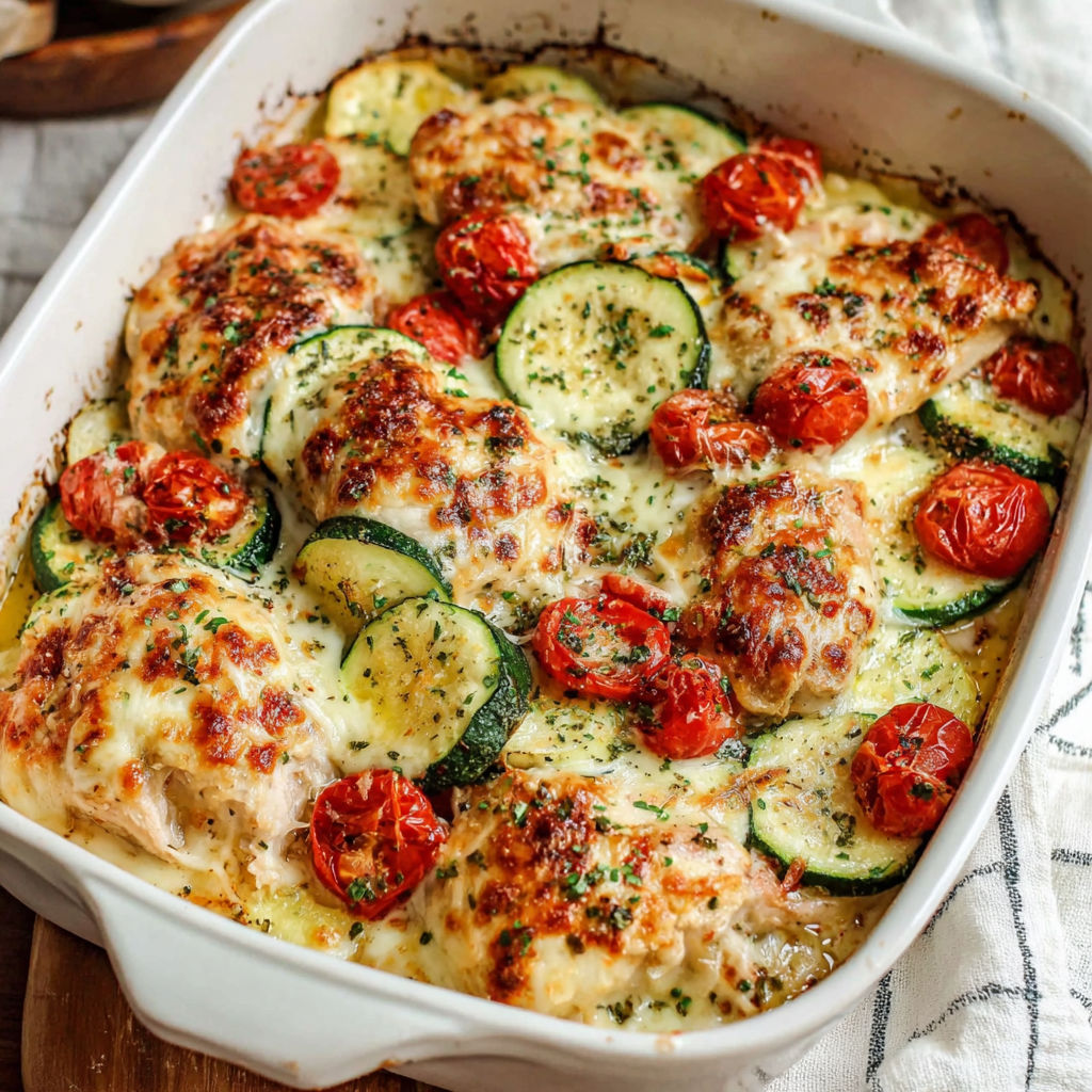 A dish of chicken and zucchini baked together.