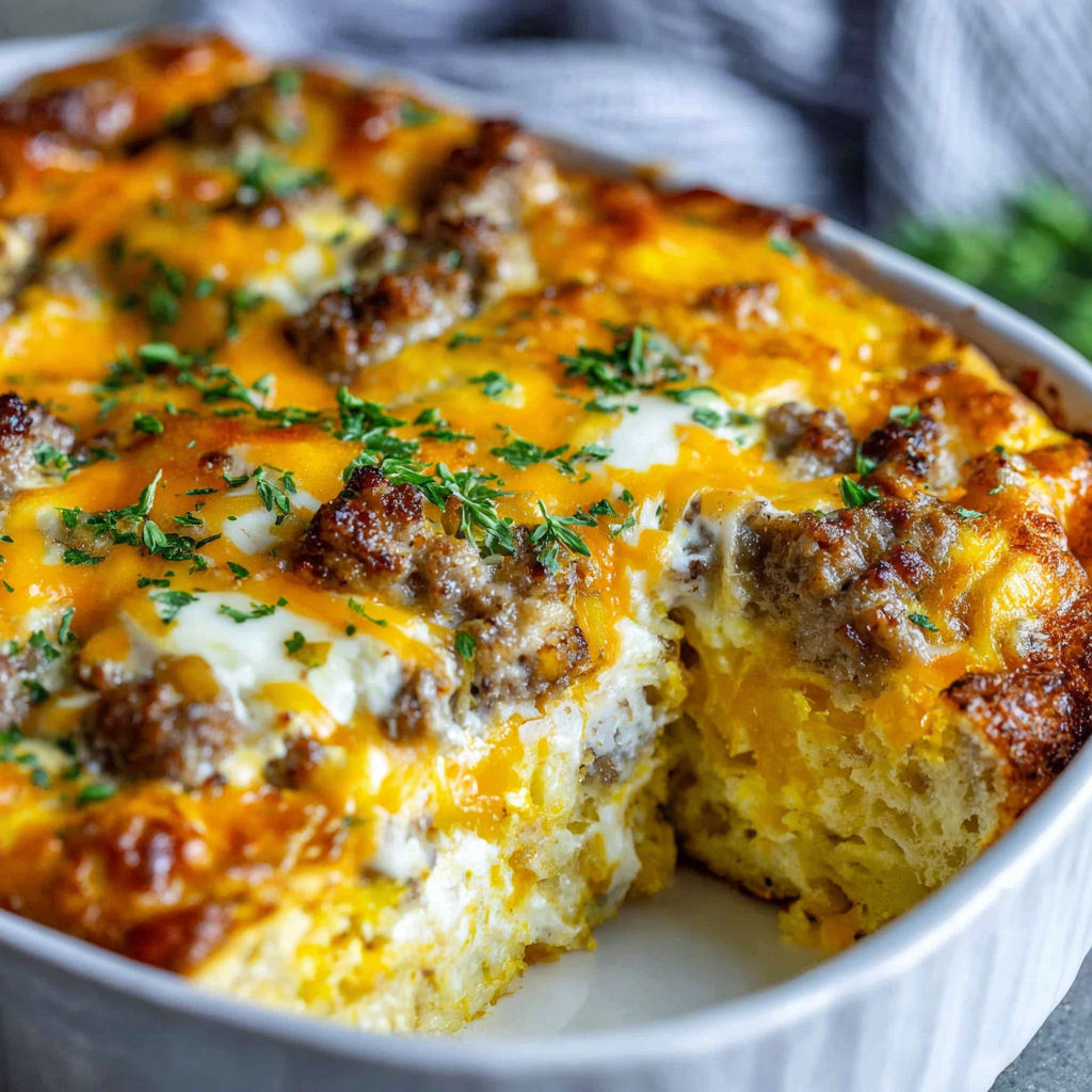 A white bowl filled with a delicious sausage and cheese casserole.