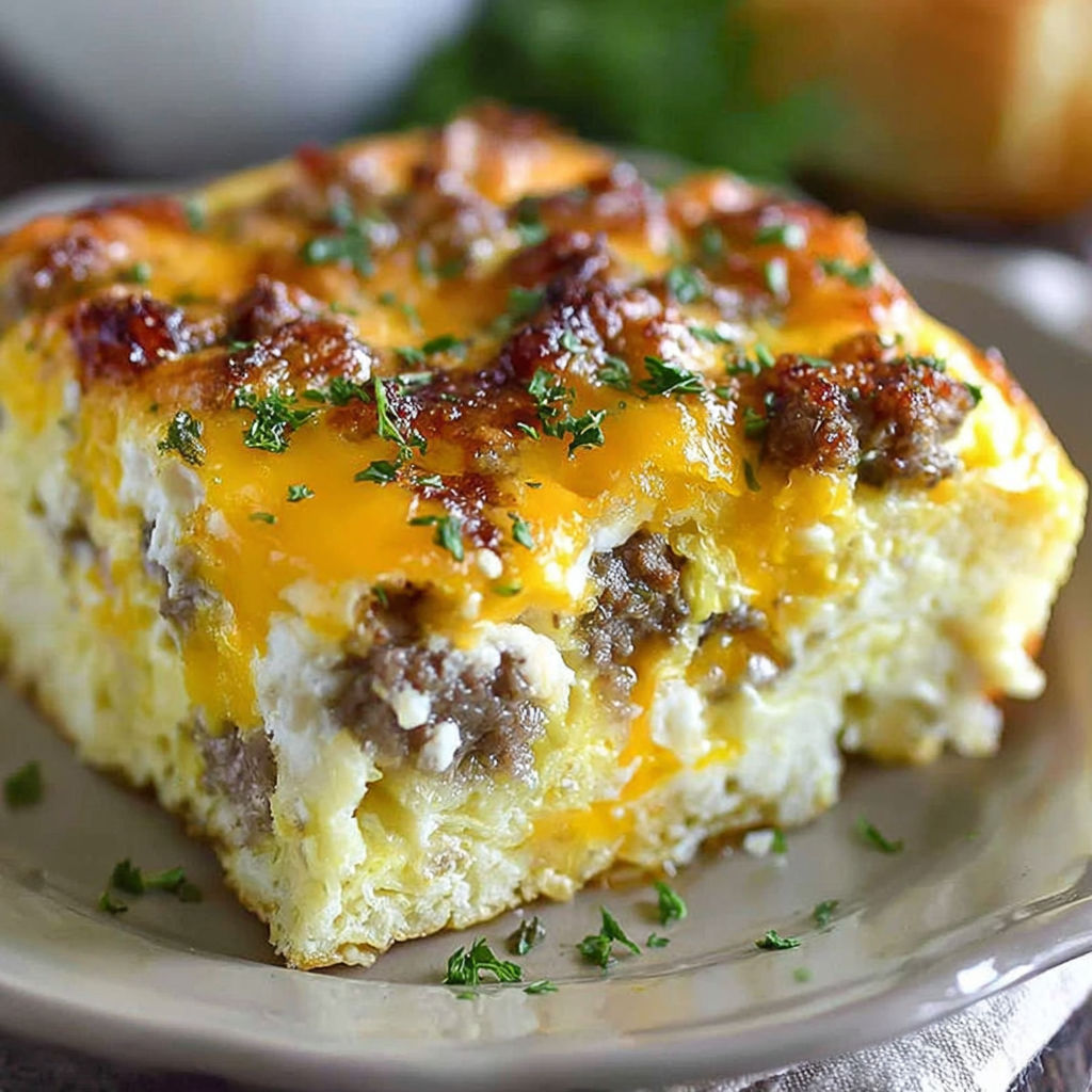 A piece of a sausage and cheese casserole.