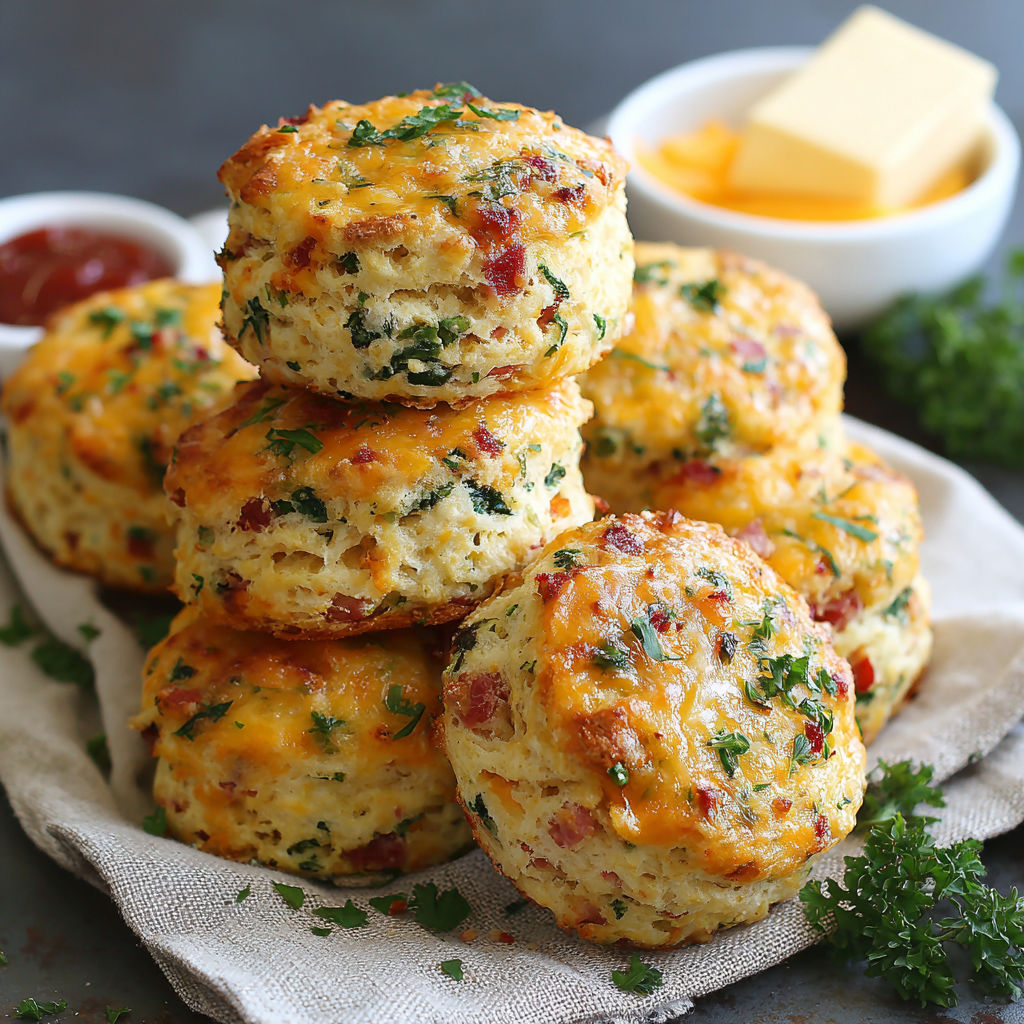 A stack of biscuits with cheese and herbs on top.