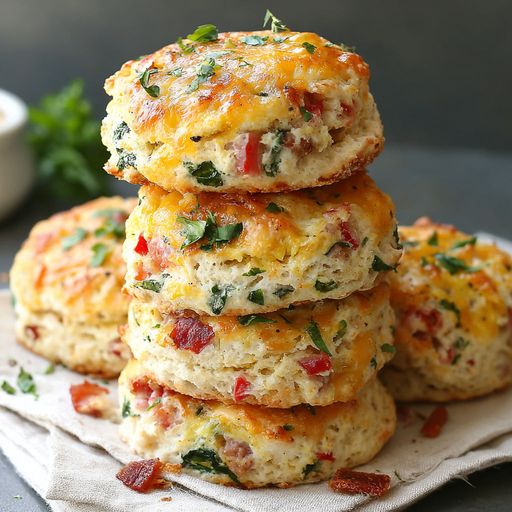 A stack of biscuits with cheese and bacon.