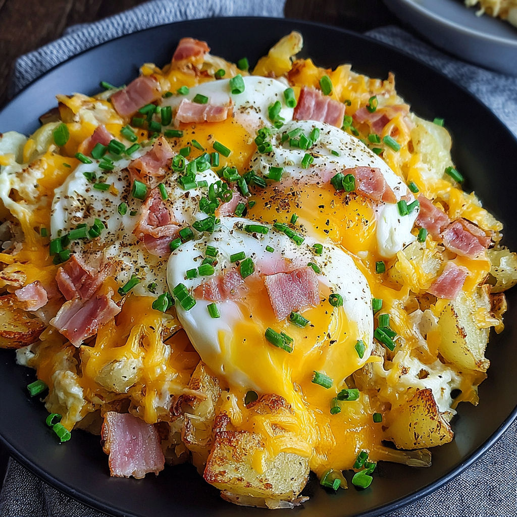 A plate of food with a cheesy potato egg scramble.