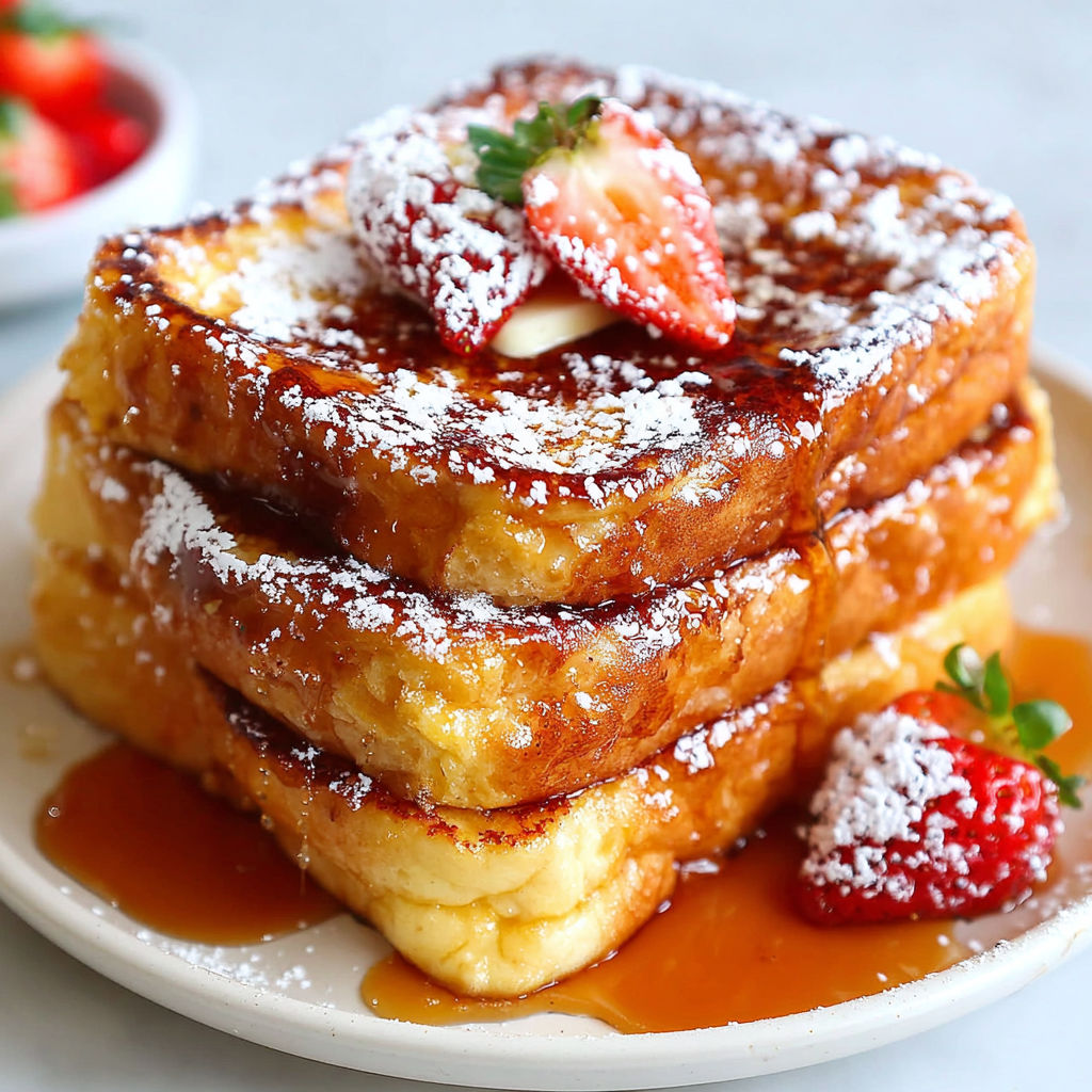 French toast with strawberries and powdered sugar.