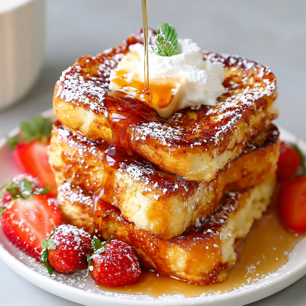 French toast with strawberries and whipped cream.