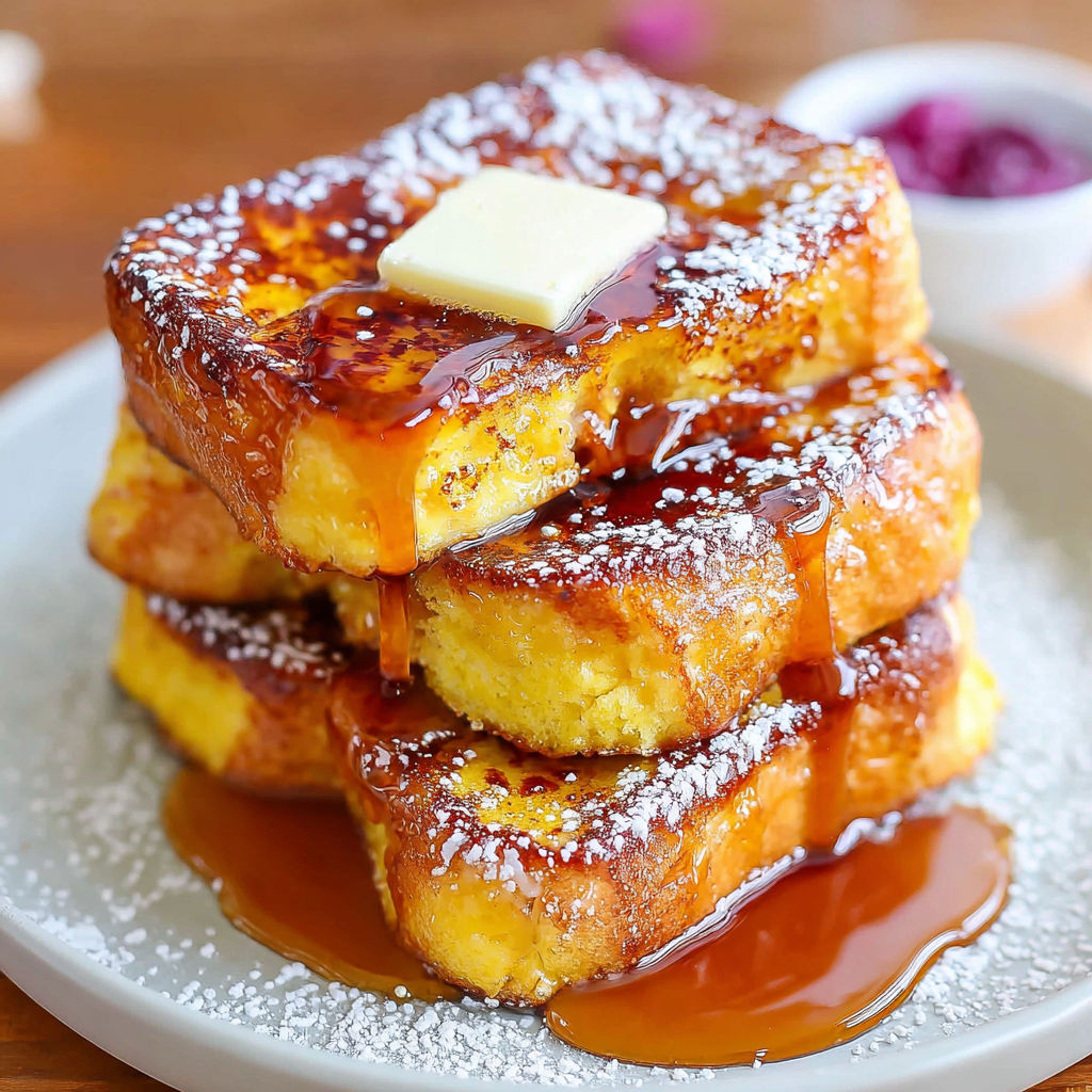 French toast stacked on a plate with syrup drizzled on top.
