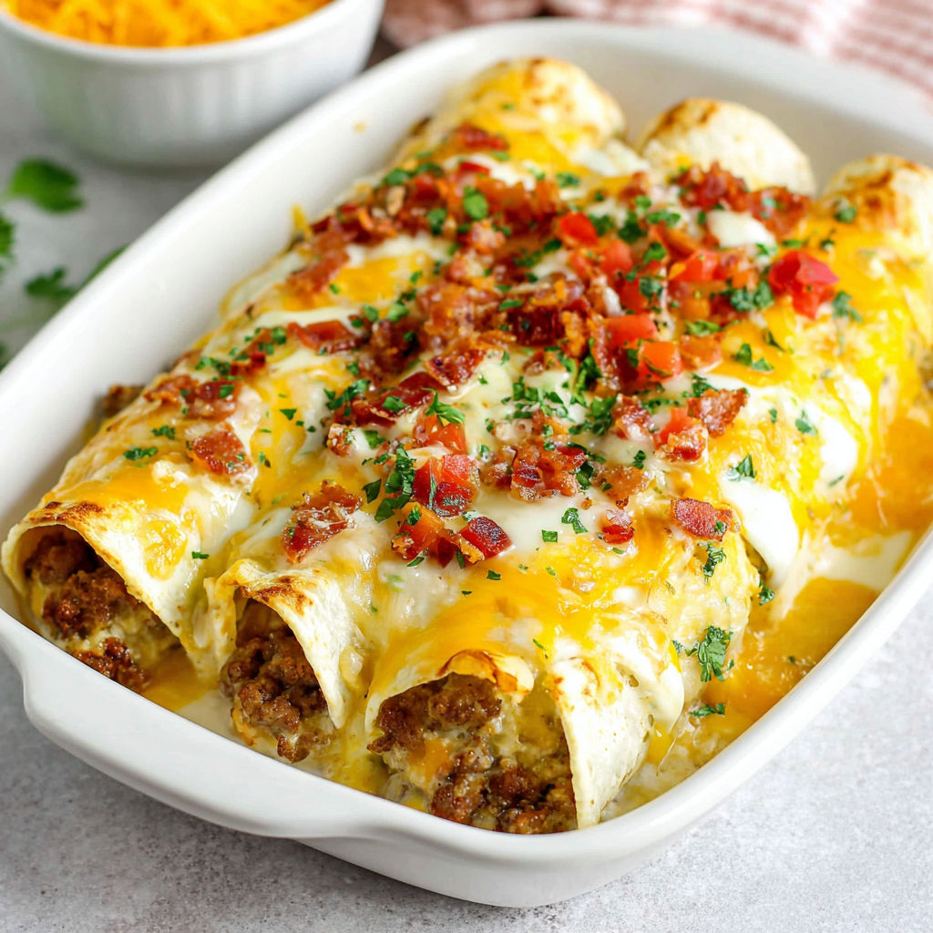 A white bowl filled with breakfast enchiladas.