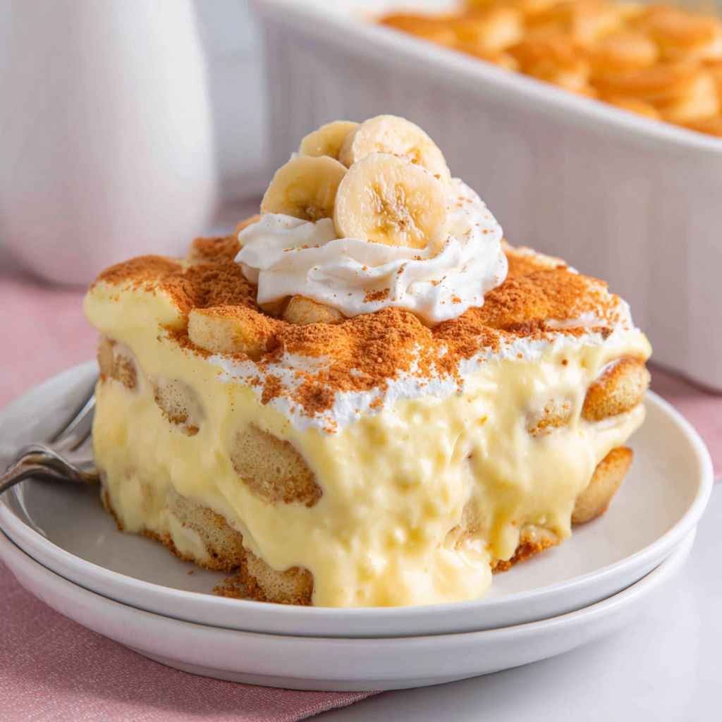 A layered banana pudding with whipped cream on top.