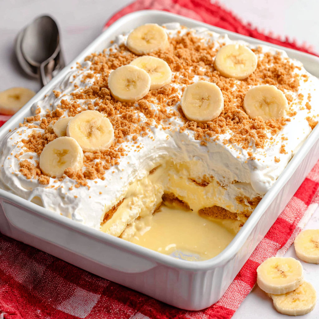 A layered banana pudding with banana slices on top.