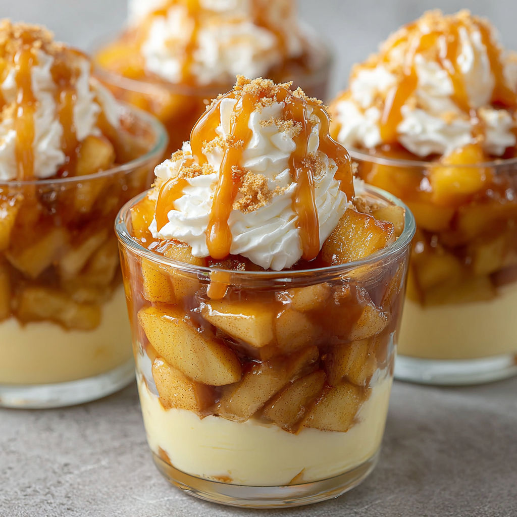Three cups of caramel apple dessert.
