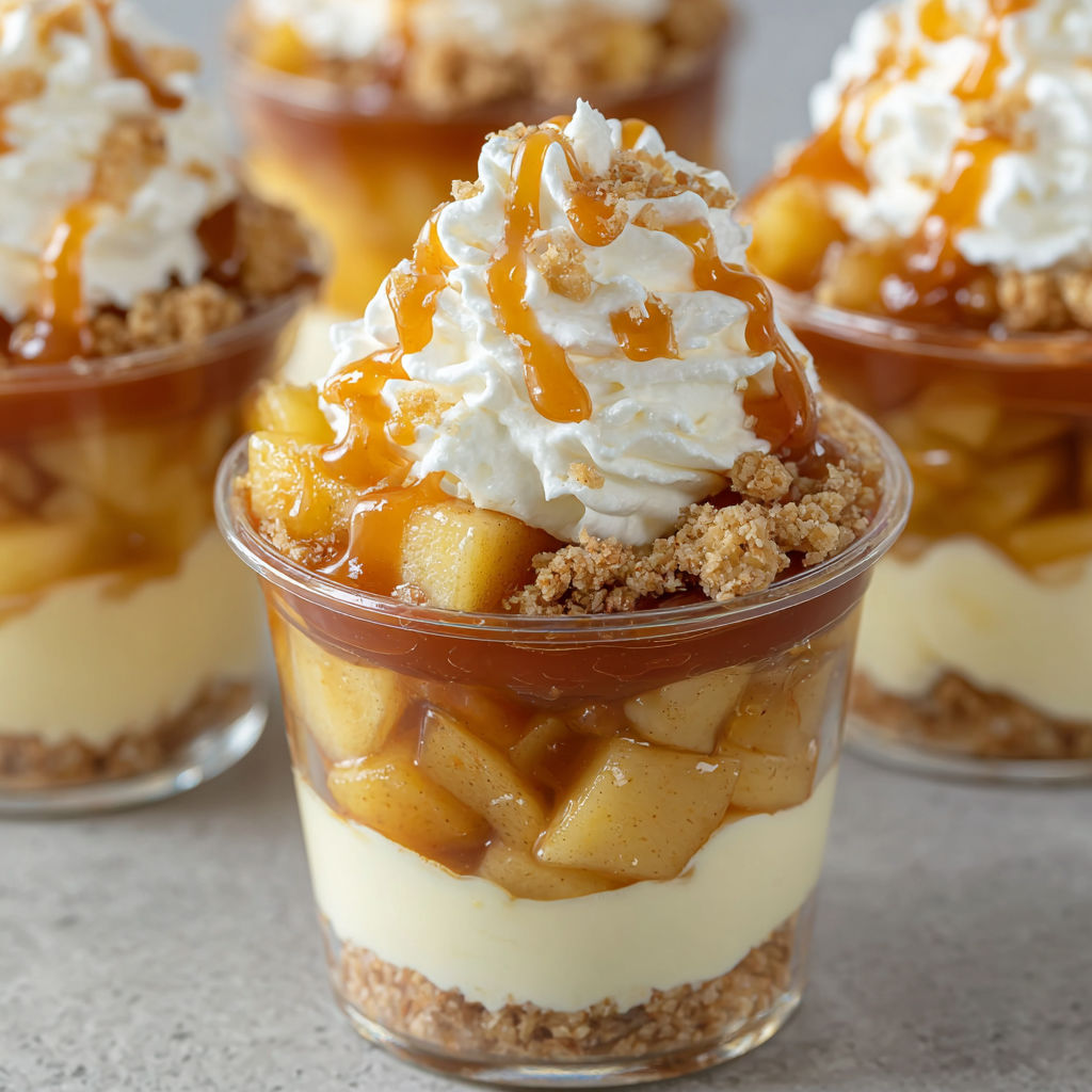 Caramel apple dessert cups with whipped cream.