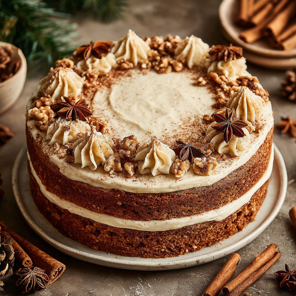 A brown sugar chai cake with white frosting and nuts.