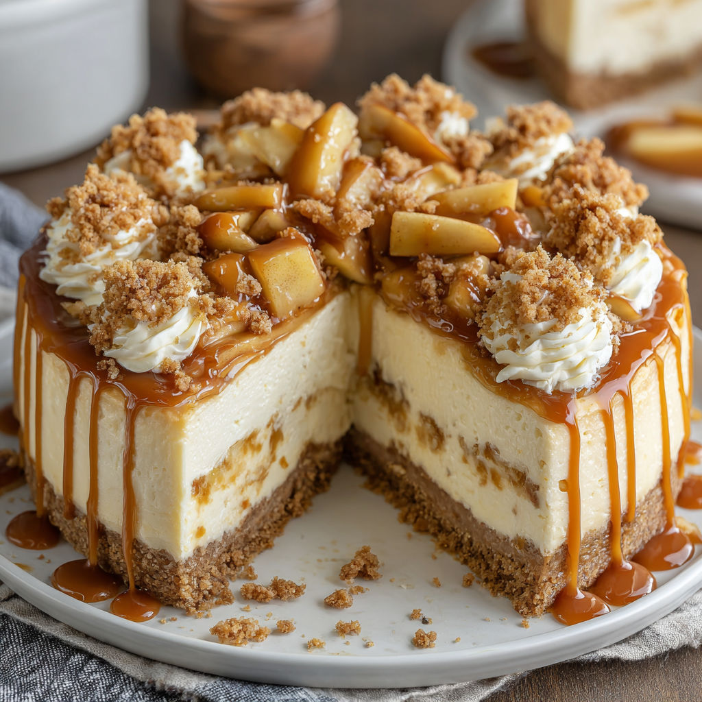 A slice of cheesecake with caramel drizzled on top.