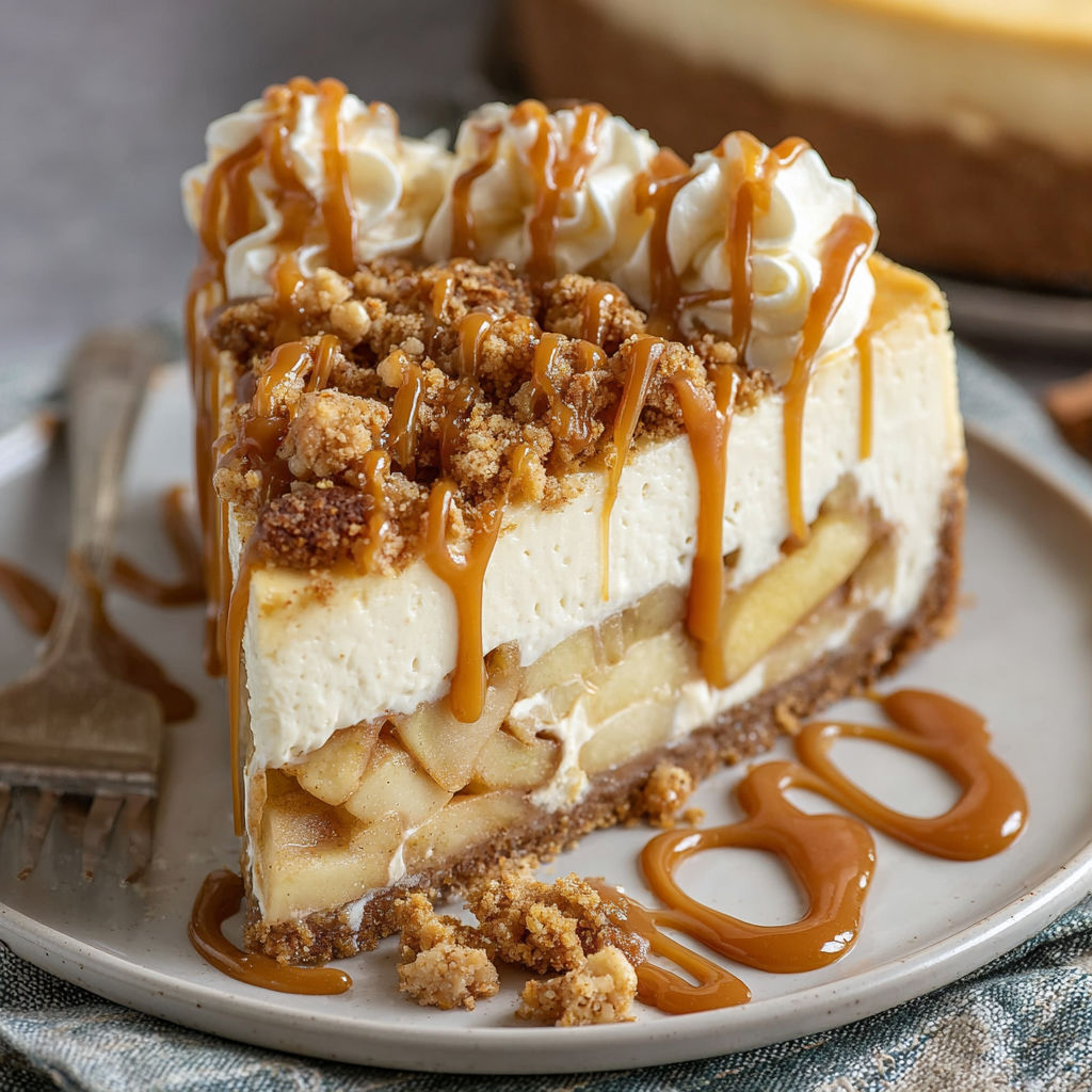 A slice of cheesecake with caramel drizzled on top.