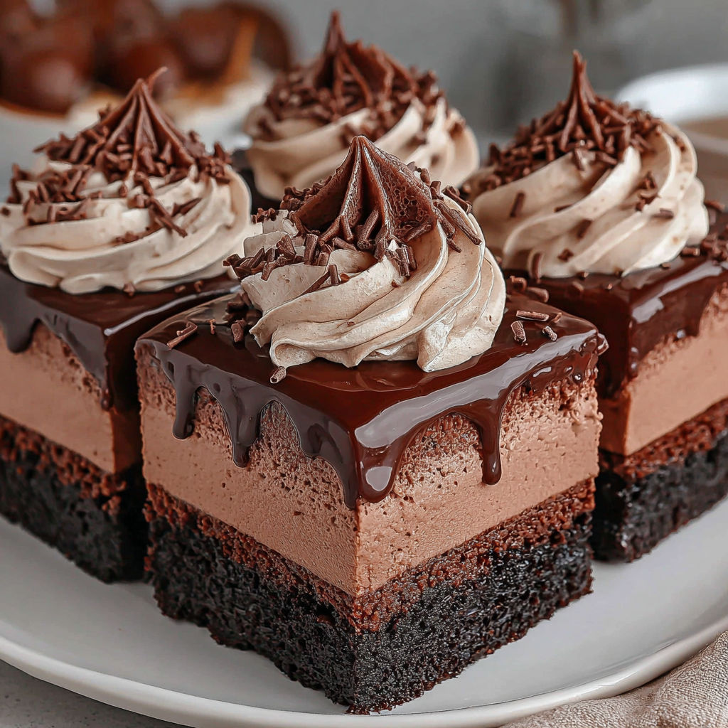 A close up of a chocolate mousse brownies.