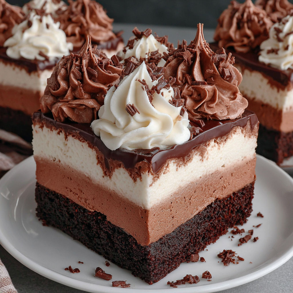 A close up of a chocolate mousse brownies dessert.