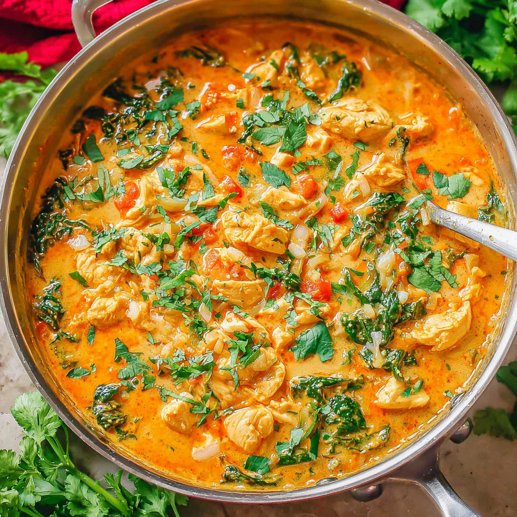 A bowl of Thai chicken coconut curry with green vegetables.