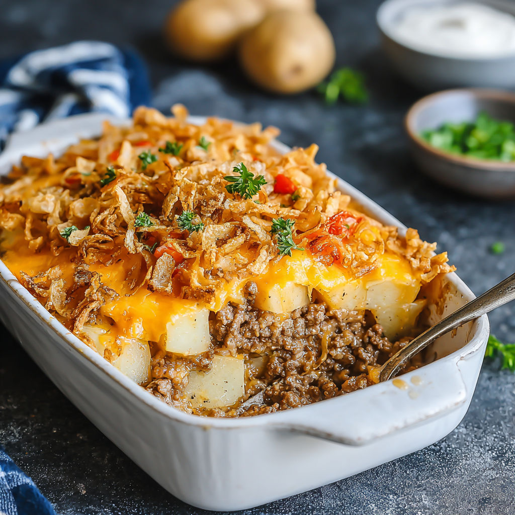 A rustic ground beef and potato bake in a white bowl.