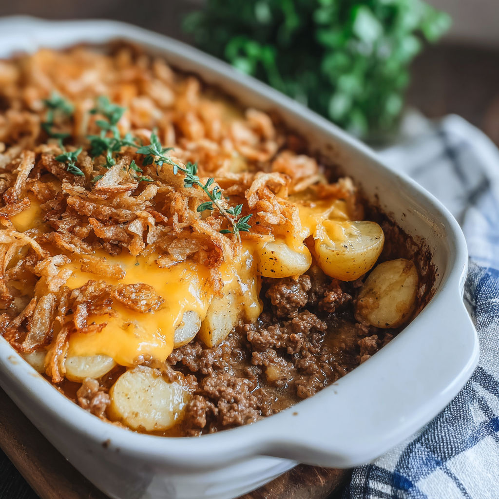 A delicious looking hobo casserole with ground beef and potatoes.