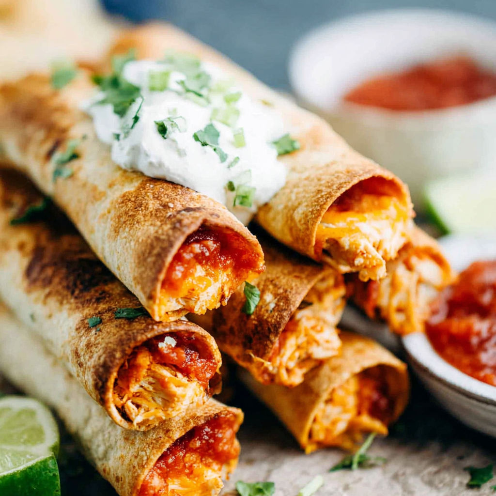 Baked cream cheese chicken taquitos with salsa.