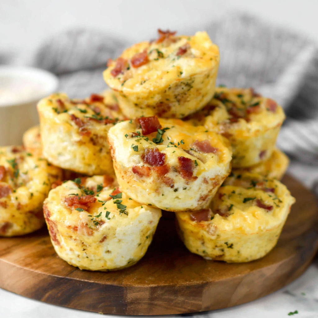 Bacon and cheese muffins on a wooden tray.