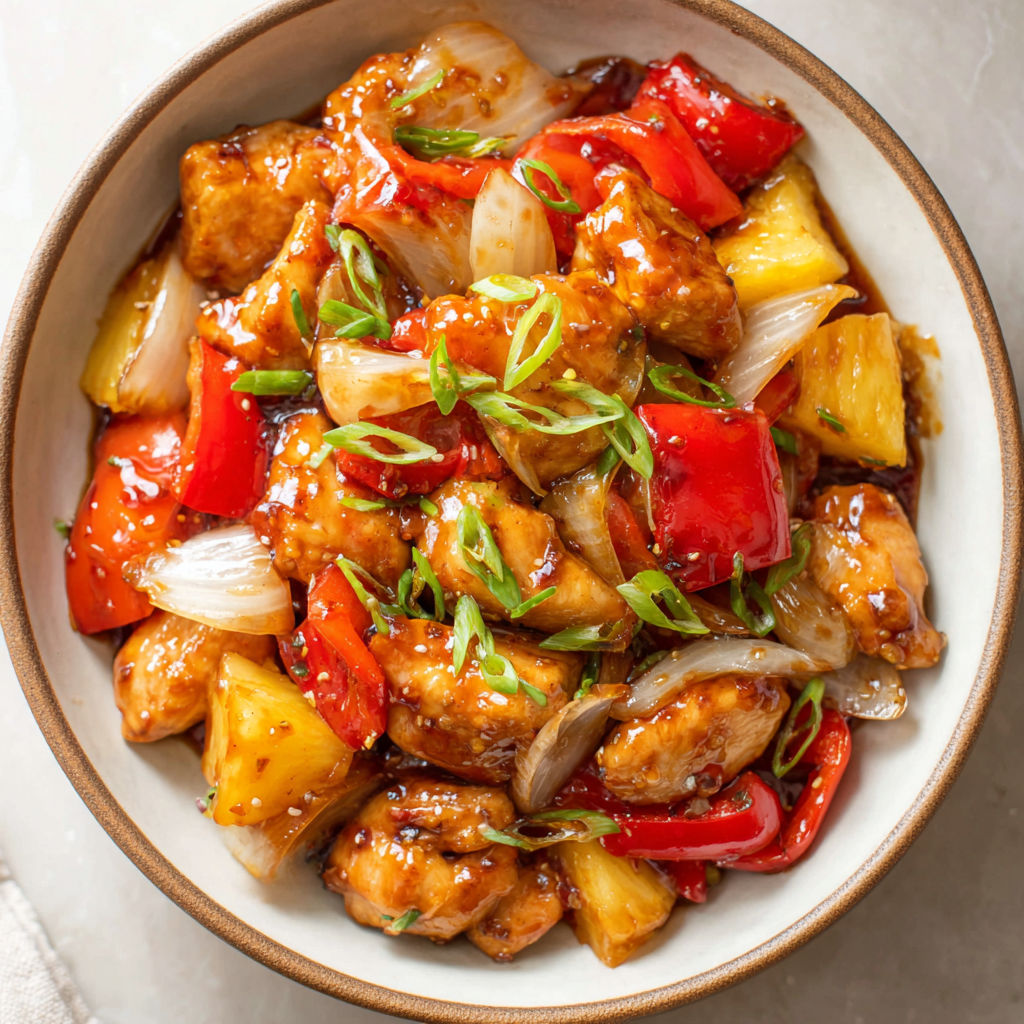 A bowl of pineapple chicken.