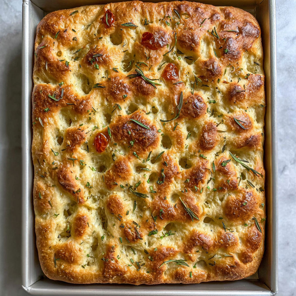 A thick, soft yet crispy sourdough focaccia recipe.