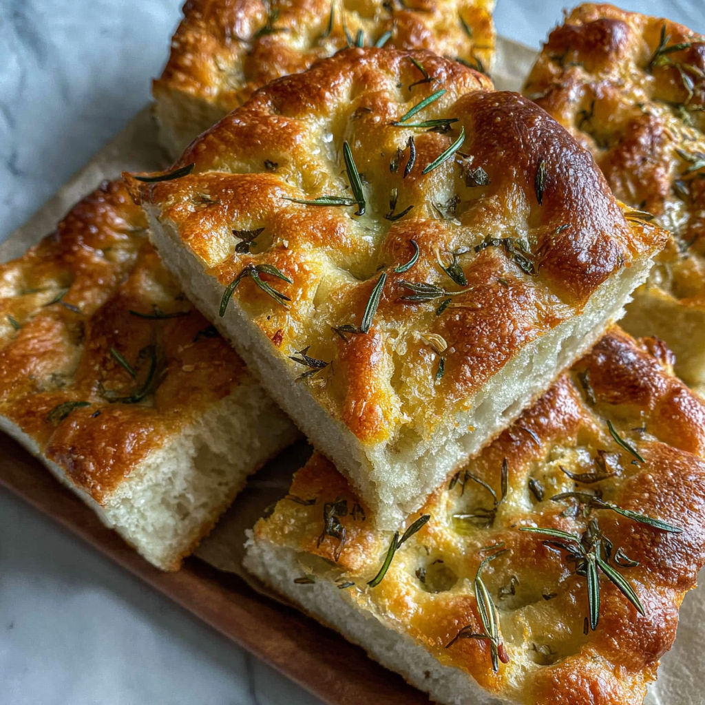 A sourdough focaccia with herbs on top.