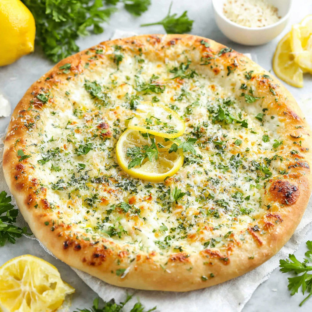 A pizza with cheese and lemon on top.