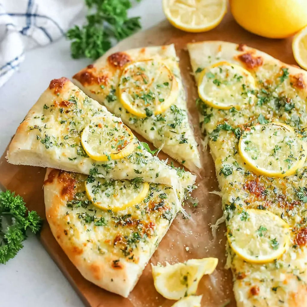A slice of pizza with lemon and herbs on top.