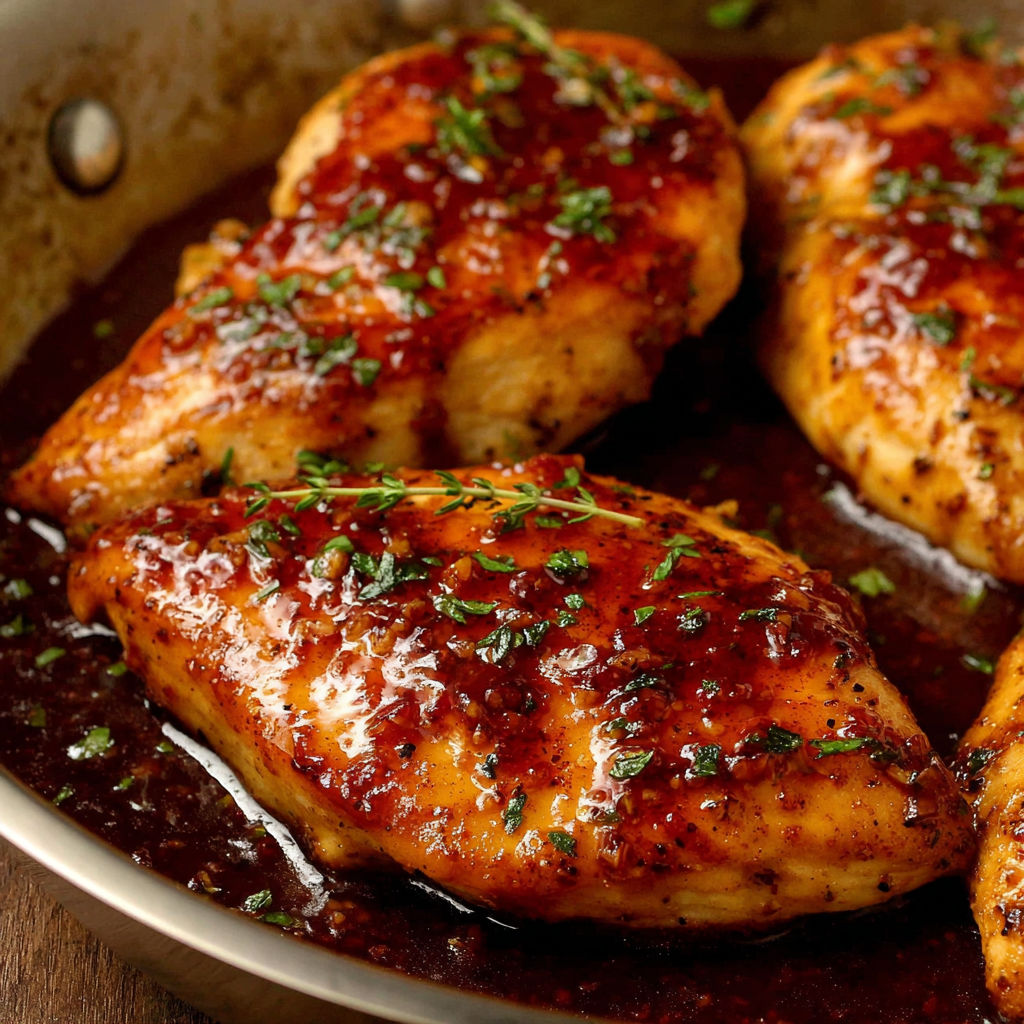A pan of chicken with honey and garlic.