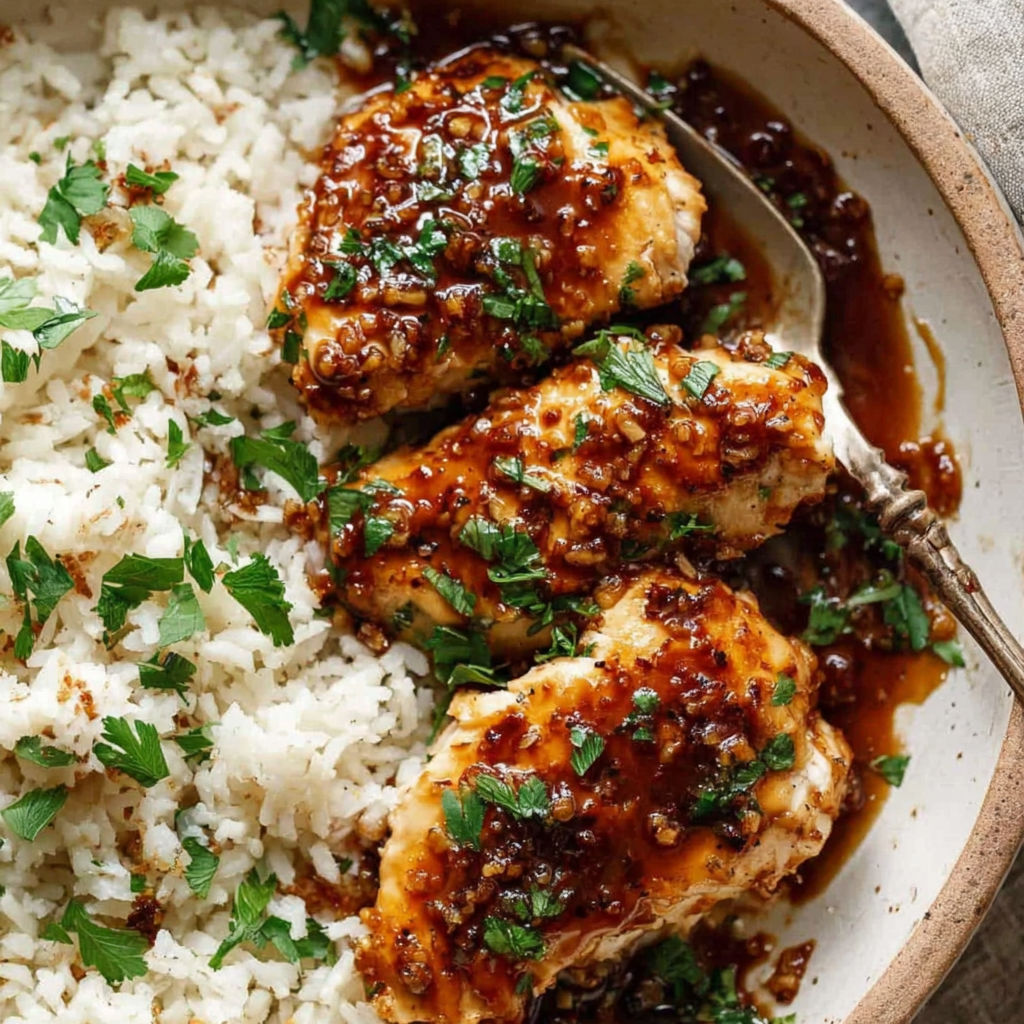 A plate of rice with chicken and sauce.