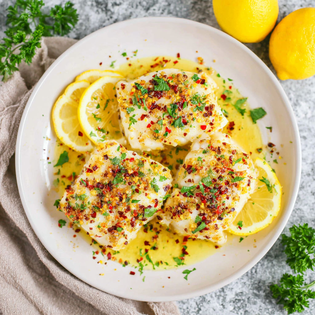 A plate of baked lemon butter cod.