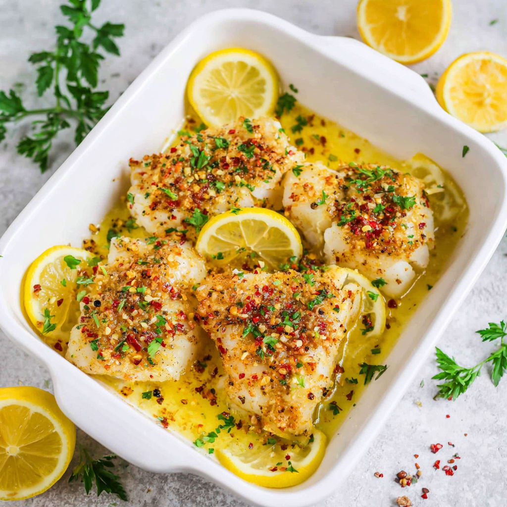 A white bowl filled with baked lemon butter cod.