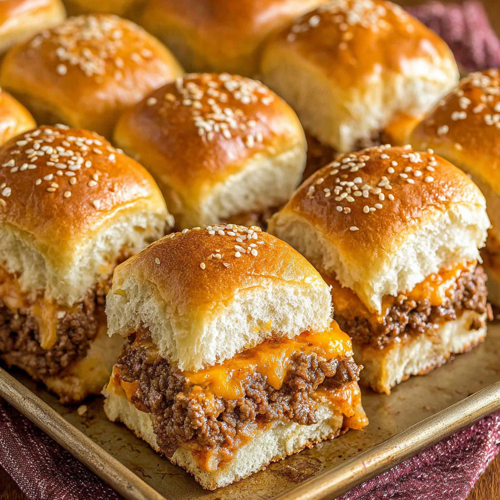 A tray of hamburger buns with meat in them.