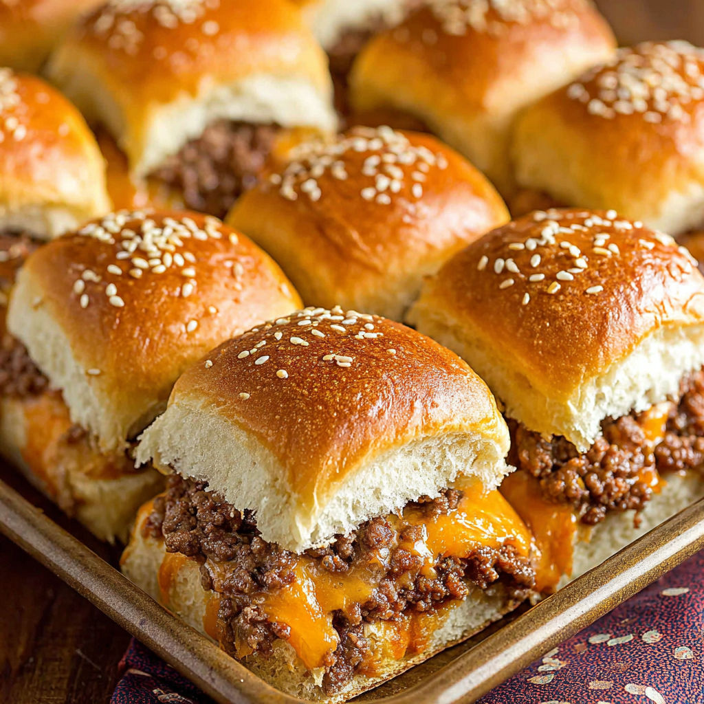 A tray of meatball sandwiches with cheese.