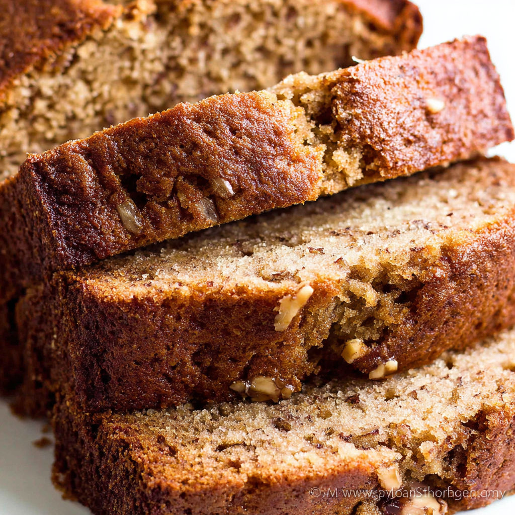 Two slices of banana bread on a plate.