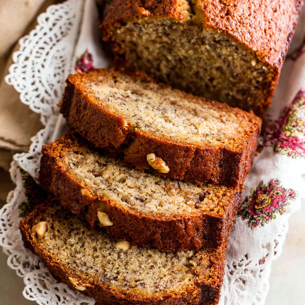 A loaf of banana bread on a doily.