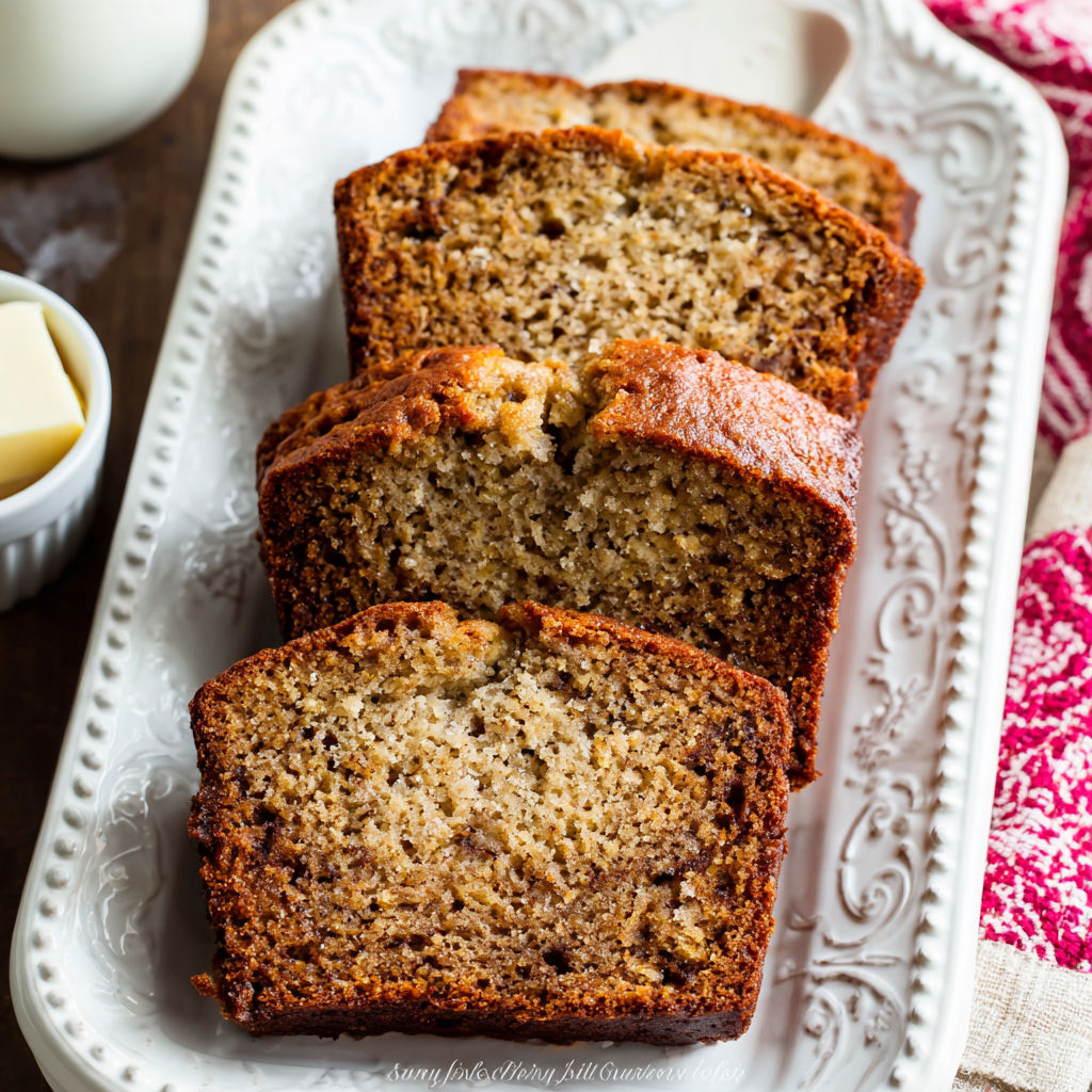 Three slices of banana bread on a plate.