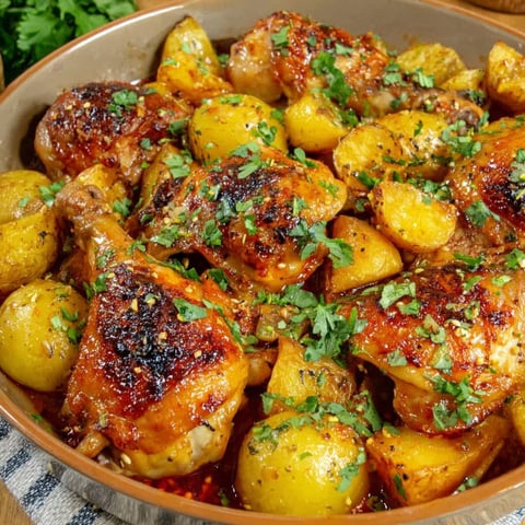 A dish of chicken and potatoes.
