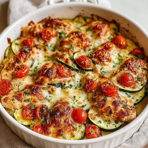 A delicious Mediterranean Chicken Zucchini Bake.