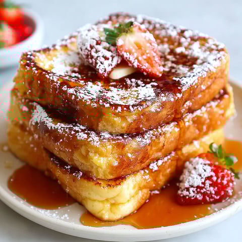 French toast with strawberries and powdered sugar.
