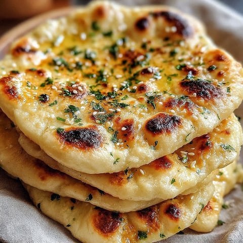 Fluffy homemade naan stacked on top of each other.